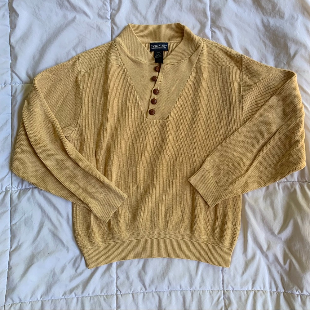 Vintage 90s Lands' End Men's Ribbed Cotton Henley Sweater - Pale Yellow